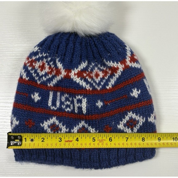 Turtle Fur USA Knit Fleece Lined Winter Pom Beanie Cap Red White Blue - Picture 8 of 8